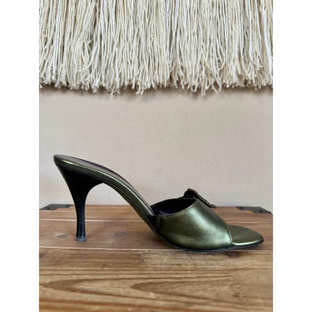 Vintage Couture DonaldJ. Pliner Green Leather Brass Buckle Slide Heels  Size 8.5